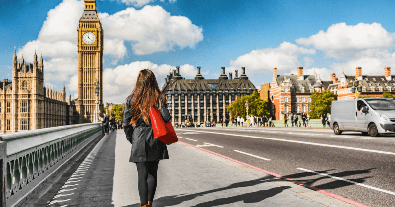 A woman facing away from the camera crosses the bridge walking towards Big Ben in London.